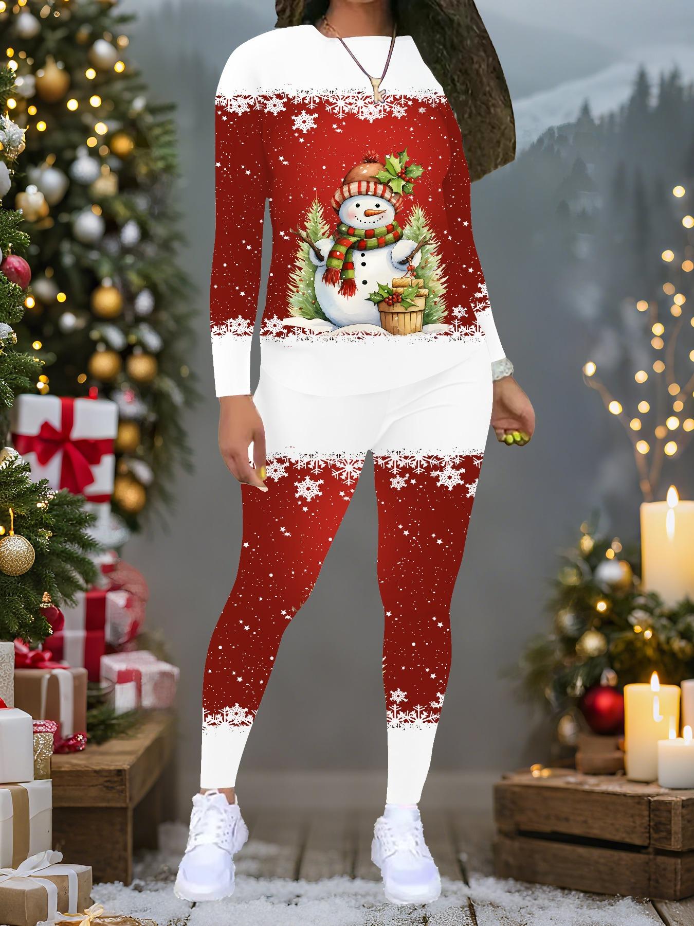 

Женский рождественский костюм-двойка с принтом: Топ с длинным рукавом и круглым вырезом и брюки, праздничный лимитированный повседневный костюм для вечеринки в подарок XXL красный