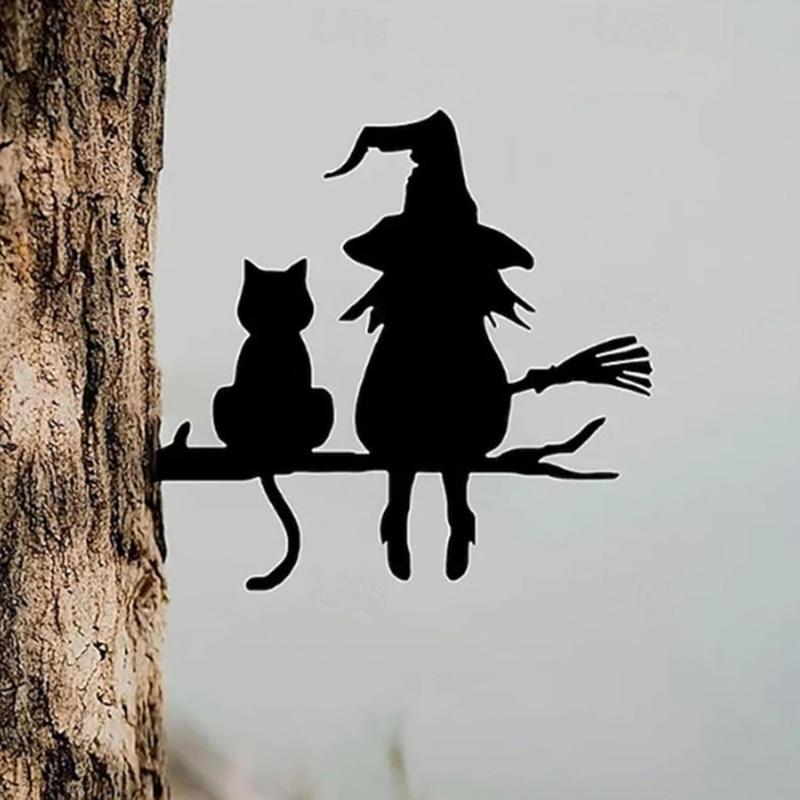 Halloween Black Cat Witch Broom Silhouette Garden Outdoor Stake Statue Decor