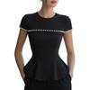 Top Pullover da Donna Estivo Moda Colore Unico Girocollo Manica Corta con Perline e Orlo a Peplo Adatto per Abbigliamento Casual e da Ufficio