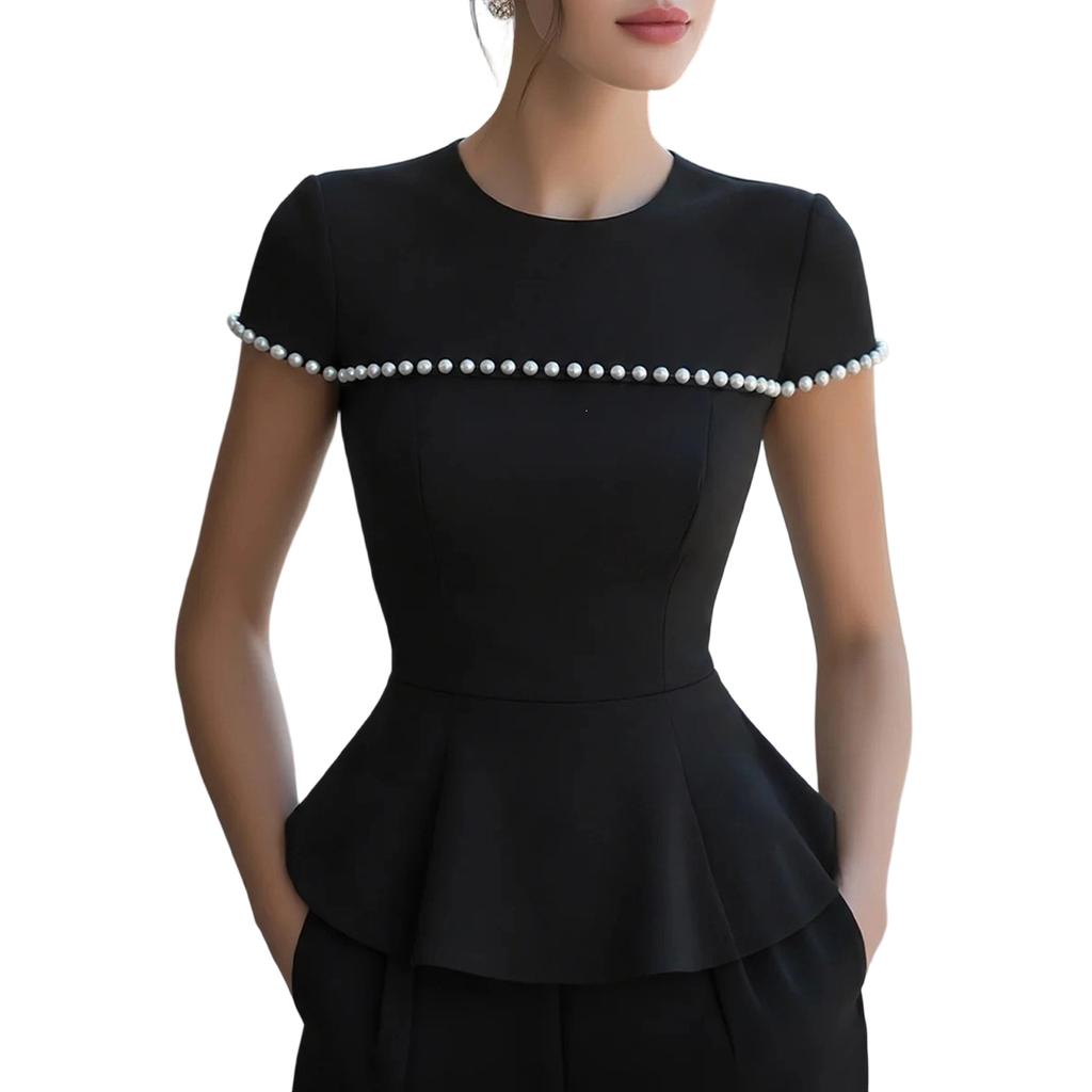 Top Pullover da Donna Estivo Moda Colore Unico Girocollo Manica Corta con Perline e Orlo a Peplo Adatto per Abbigliamento Casual e da Ufficio