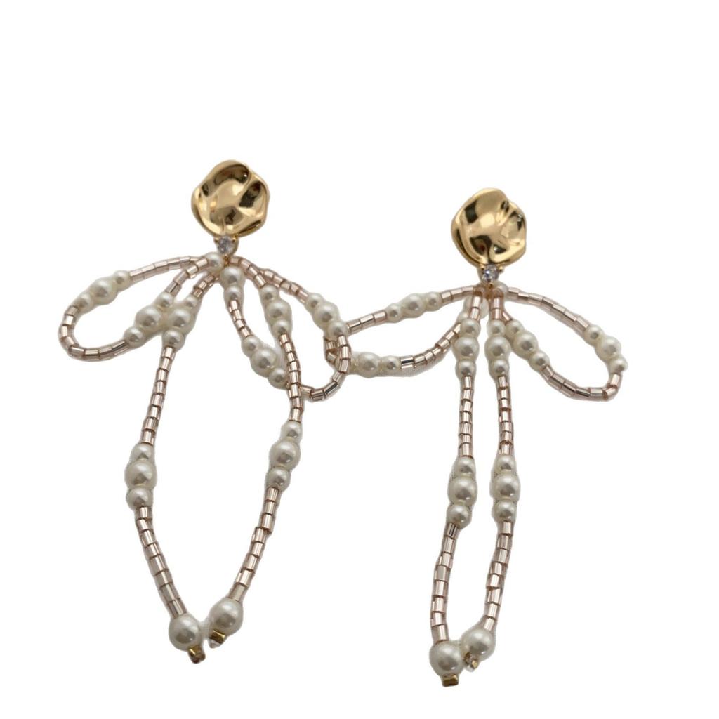 Retro Temperament Pearl Bow Flower Earrings Women'S Senior French Design Earrings
