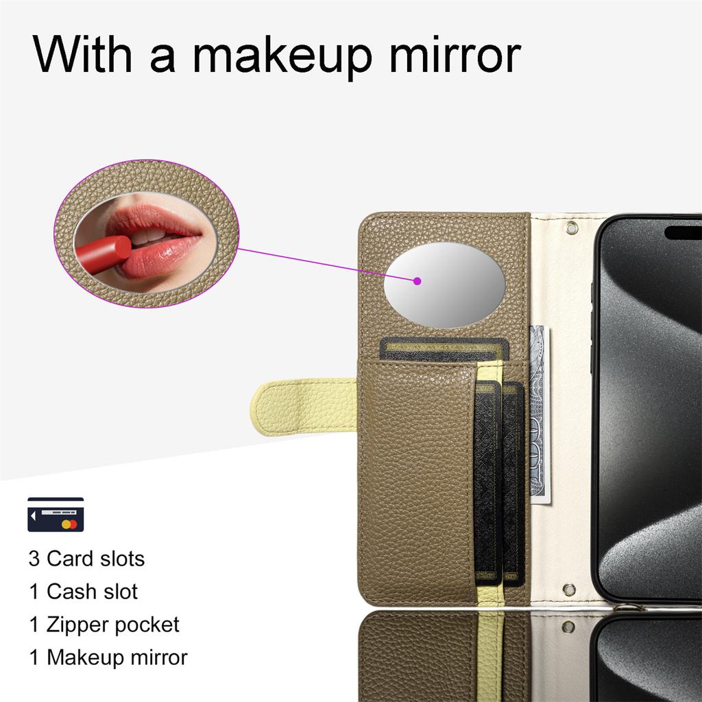 Skórzane etui na telefon dla serii Samsung Galaxy S23-S25 / serii A14-A56 z kieszonką na monety, przegródką na karty, lusterkiem i podstawką – wiele kolorów