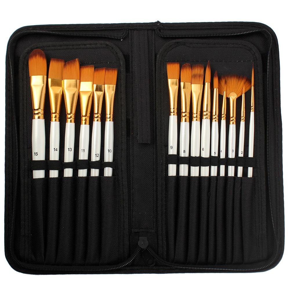 15-Piece Nylon Paintbrush Set with Black Bag for Watercolor, Oil, and Wall Painting