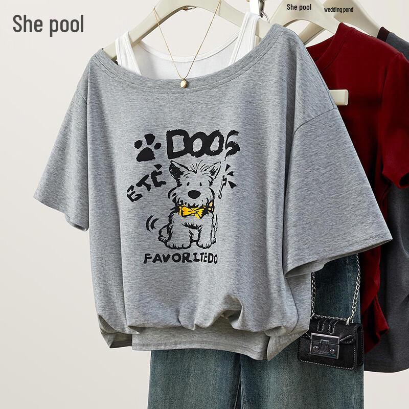 Women s Faux Two-Piece Printed Drop-Shoulder T-shirt 2XL светло-серый