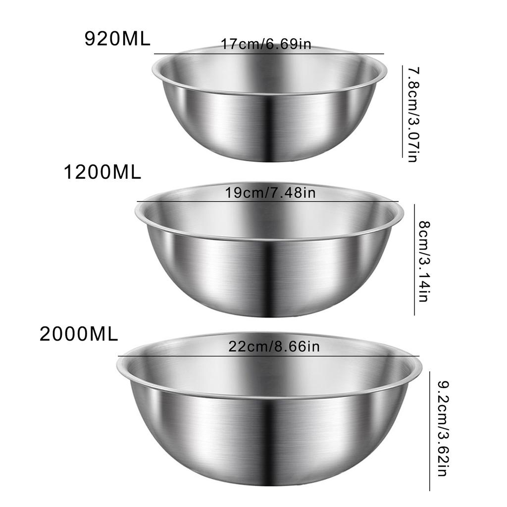 Set of 3 Practical Stainless Steel Food Storage Bowls Mixing Bowl with Graduated Measurements for Baking and Kneading