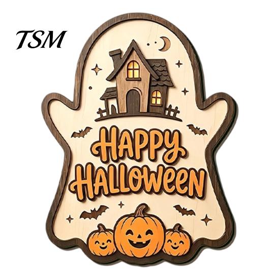 Halloween Door Sign Black Cat Ghost Sign, Decorative Plaque, Wooden Hanging Entrance Ornaments Vintage Rustic Decor with Jute Rope, Seasonal Wall Art