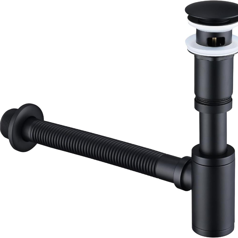 Design Siphon with Pop Up Valve Drain Fitting for Sink Black Matt, Universal Brass Siphon, Sink Plug,Odor Closure with Cleaning Opening
