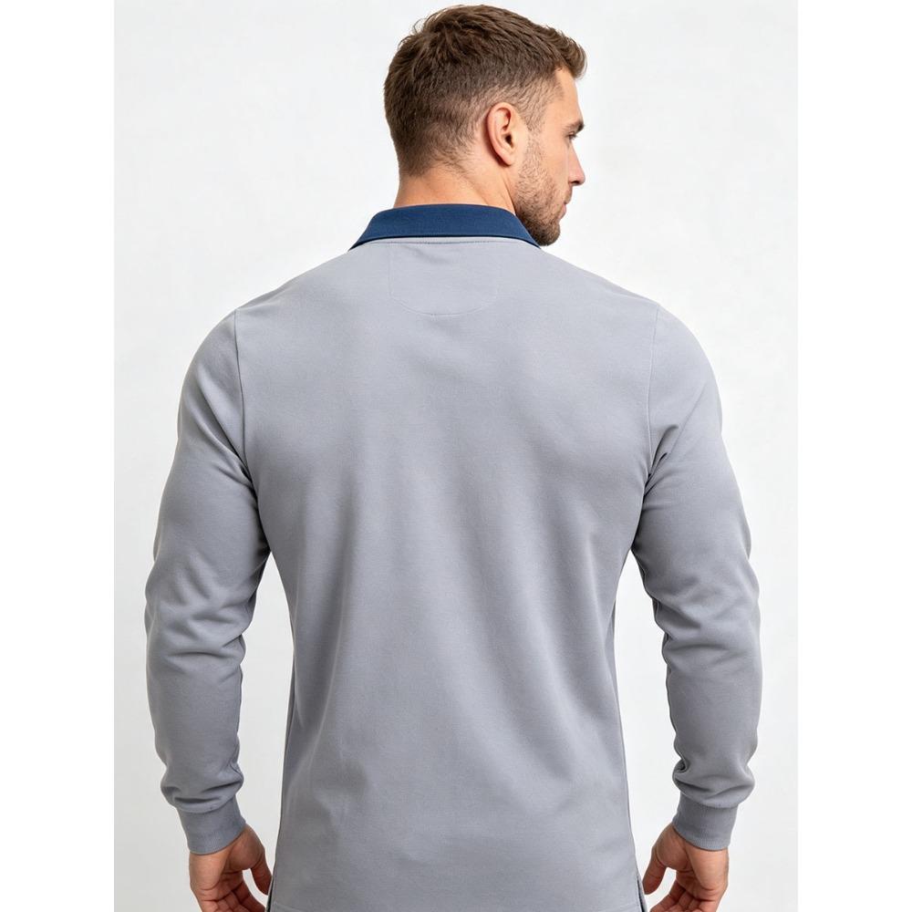 Men's Long Sleeve Polo Shirt with Chest Pocket - Contrast Collar Button Down Casual Top - Slim Fit Business Casual Pullover