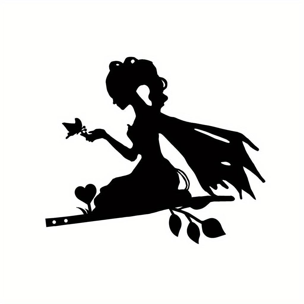 Iron Silhouette Wall Art Fairy Queen on Tree Garden Ornament Metal Sculpture Spring Decor