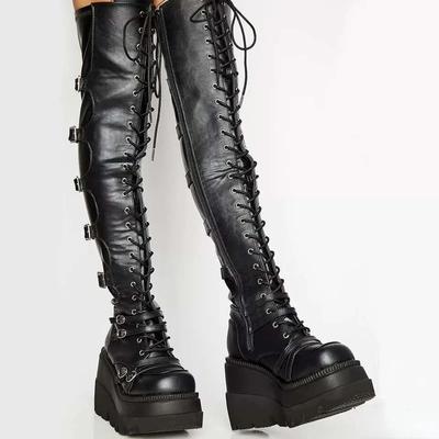 2024 Cosplay Wedges Damen Overknee Stiefel Schuhe Damen High Plateau Oberschenkel Hohe Stiefel 2024 Schnalle Punk High Heels Stiefel Damen