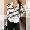 Lapel Striped Zipper Design Sense Long Sleeve Knitted Cardigan Jacket Women's Autumn New Versatile Loose Top