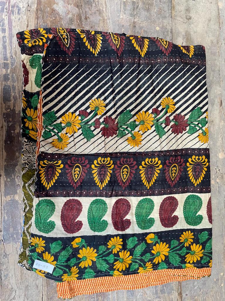 Handmade Kantha Quilt: Floral & Striped Bohemian Bedspread