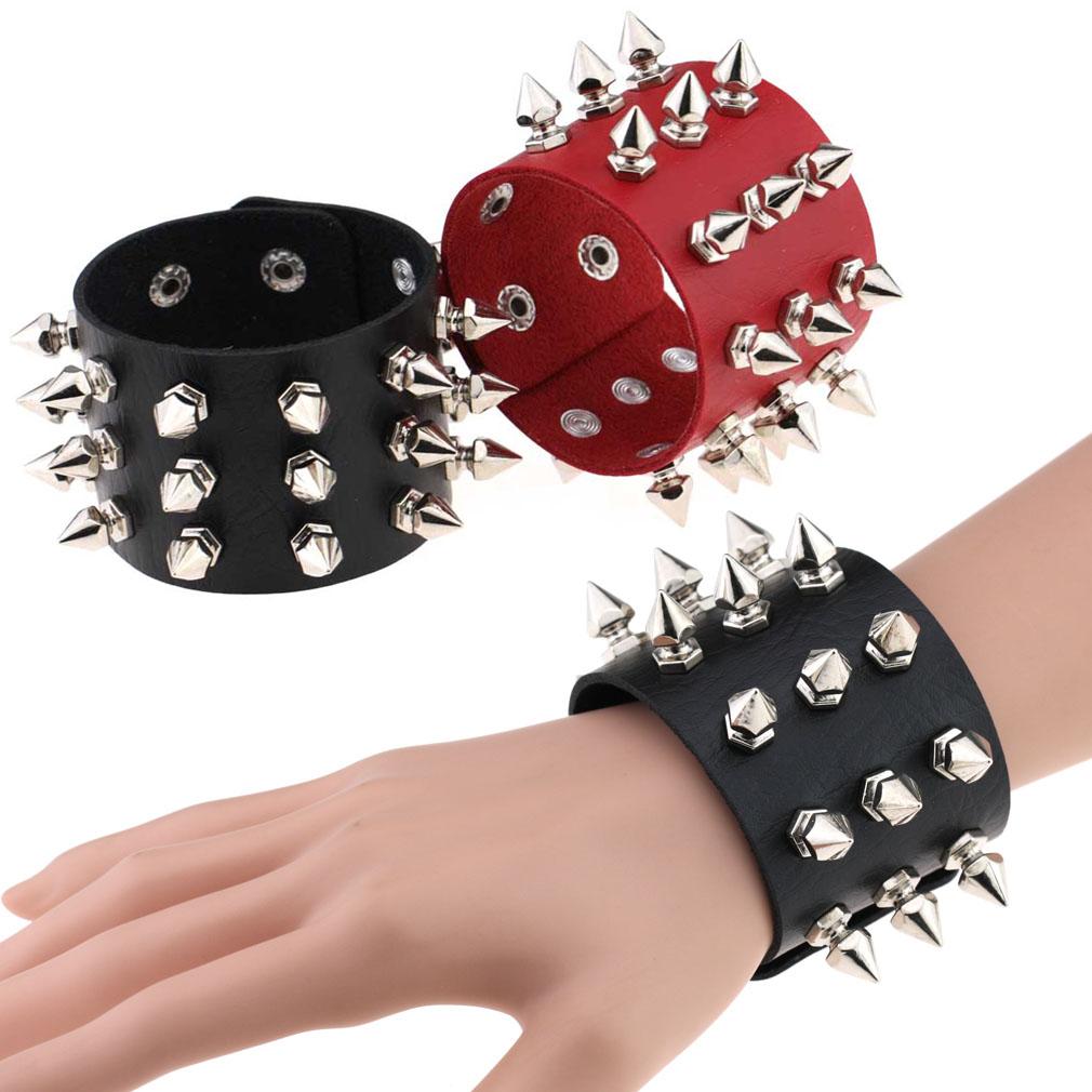 Punk Spike Studded PU Leather Bracelet for Men Women 3-Row Cone Rivet Cuff Wristband Gothic Jewelry