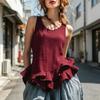 Women Tops Solid Color Loose Fit Breathable Casual Blouse O-Neck Sleeveless Ruffle Splicing Hem Summer Vest Daily Wear