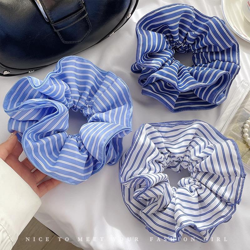 Korean Blogger Style Blue Striped Hair Tie - Fresh Fabric Low Ponytail Accessory