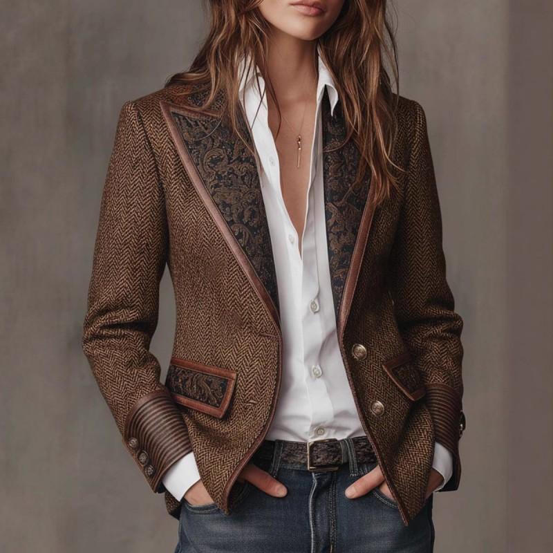 French Vintage Contrast Color Blazer Collar Wool Coat Elegant Thick Winter Womens Outerwear