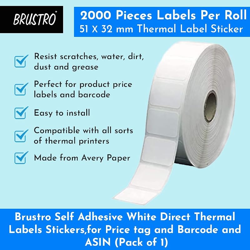 Brustro Direct Thermal Barcode Pack Of 2000 Label - 51X32 Mm Self Adhesive For Printing Barcoding, White Sticker