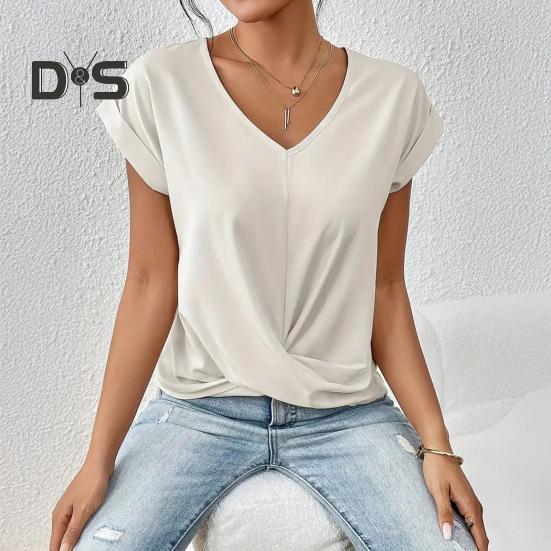 Dámské topy s výstřihem do V, s krátkým rukávem, s mačkaným designem, tričko jednobarevné, volného střihu, s křížovým plisováním, pro každodenní nošení