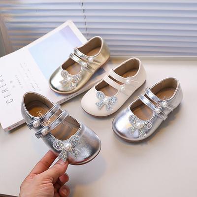 Chaussures en cuir pour enfants, chaussures de luxe à strass et nœud papillon pour filles, douces et élégantes, chaussures de princesse à la mode, ballerines polyvalentes