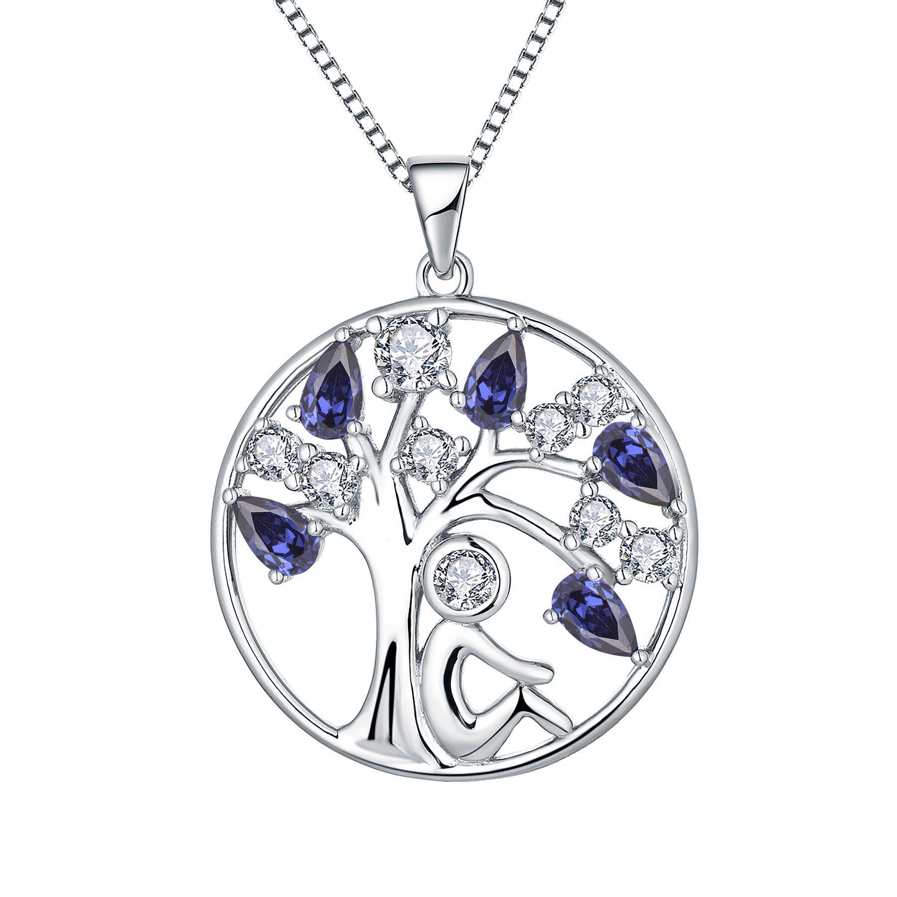 S925 Sterling Silver Tree of Life Pendant Necklace with Zirconia Birthstones 925 Silver