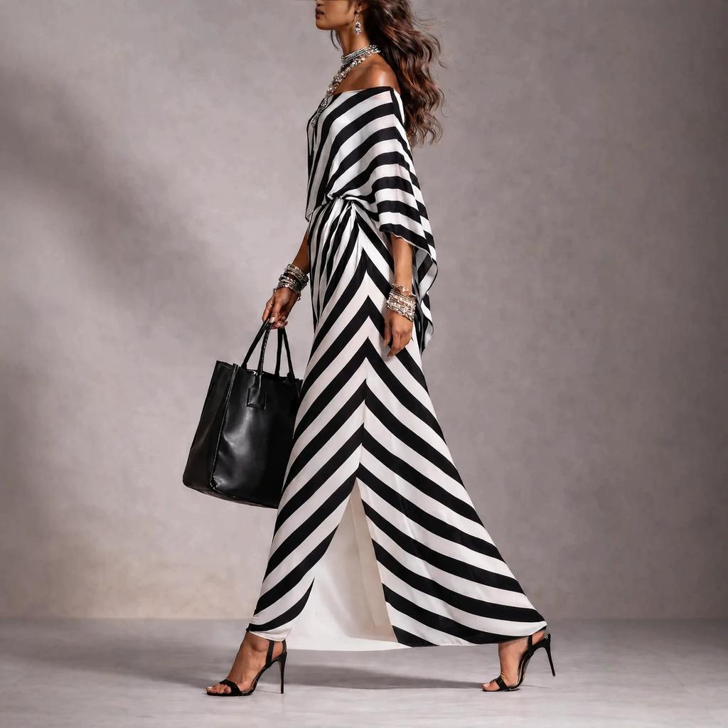 Black and White Striped Loose Dress, One-word Shoulder Bat Sleeve Side Kink Split Fork Light Luxury Women's Clothing