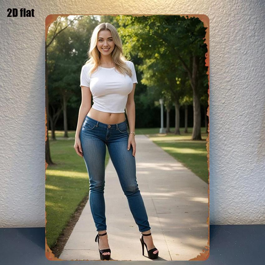 

Vintage D Flat Blonde Woman in White Crop Top Blue Skinny Jeans Tin Sign Retro Park Path Portrait Metal Wall Art Decor for 20x30cm（7.8x11.8inch）