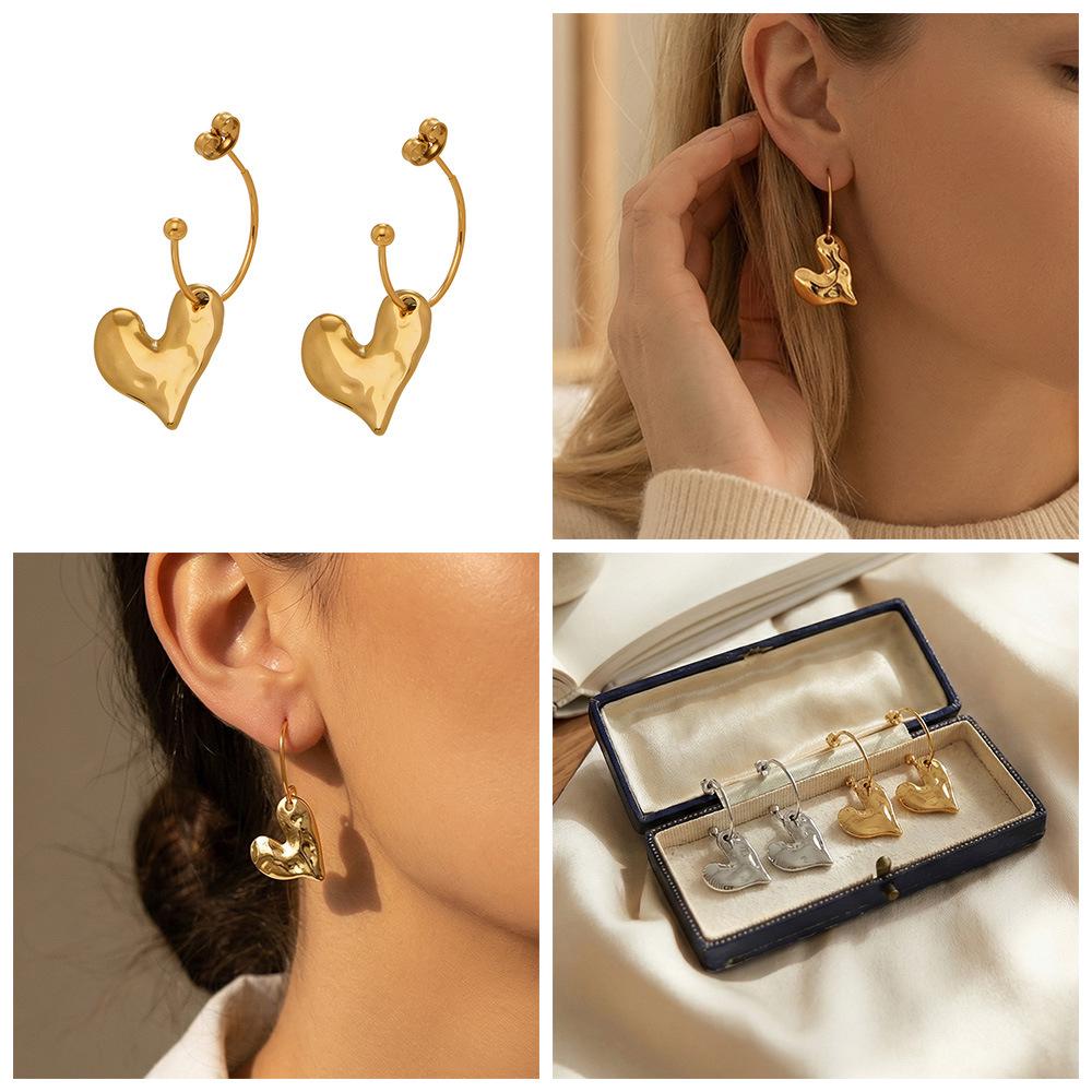 Elegant Asymmetric Heart Pendant Earrings - Gold Plated Stainless Steel