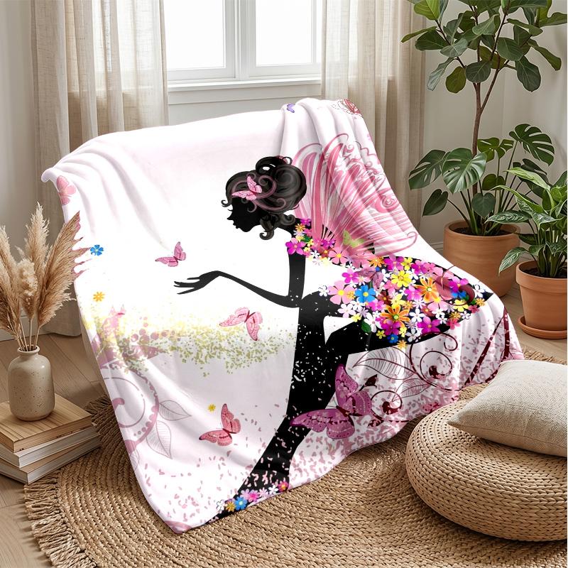 Fairy with Butterflies and Teddy Bears Theme Blanket Lightweight Warm Flannel Blanket Decorative Throw Blanket for Home Decoration