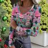 Women's Winter Slim-Fit Base Layer T-Shirt Fashionable Christmas Print V-Neck Pullover Long-Sleeved Top