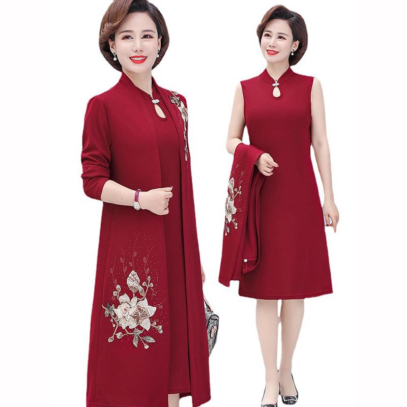 Embroidered Women's Dress Set Spring Autumn Collection Fashionable Mom Dress Jacket