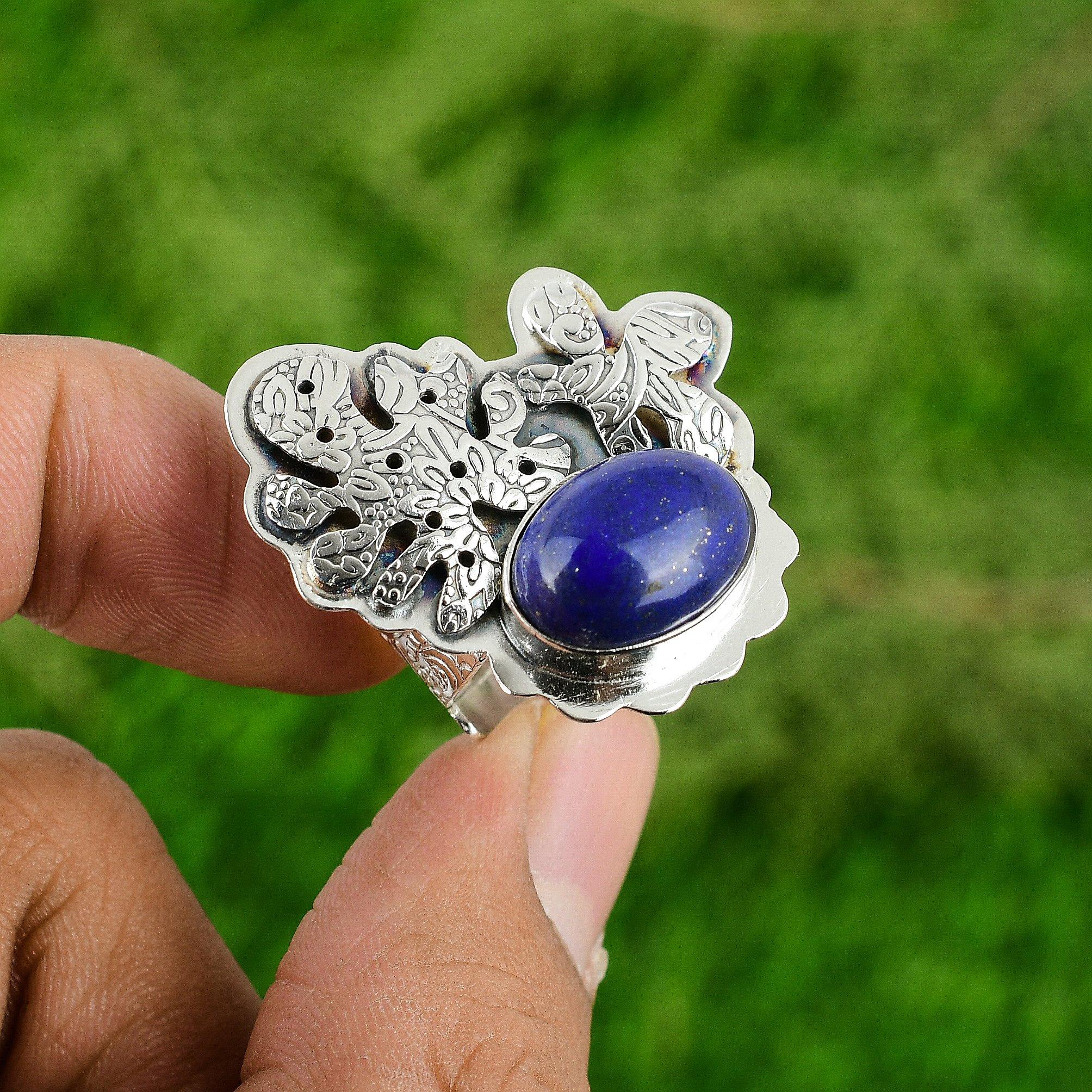 

Natural Lapis Lazuli Gemstone Stackable Adjustable Ring 925 Silver For Women Adjustable