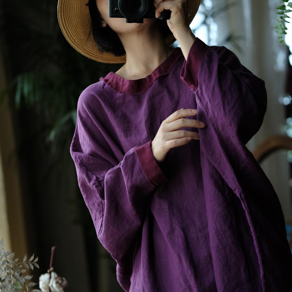 Johnature Frauen Vintage Kleider O-Ausschnitt Fledermaus Ärmel Herbst lose lila chinesischen Stil Frauen Kleid
