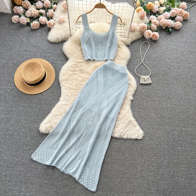 Women's Summer Cut Out Jacquard Camisole Knitting Suit