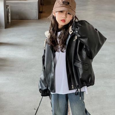 Girls' Autumn And Winter Coat New Style Mid-Large Children's Western Style Loose Spring And Autumn Leather Jacket Girl's All-match Hooded Biker Suit