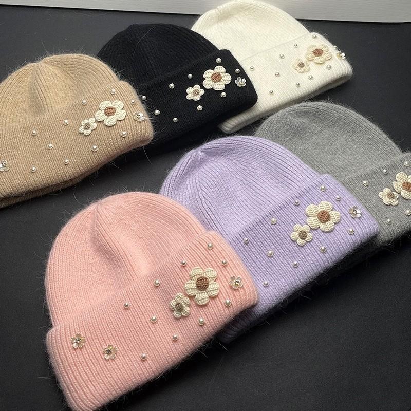 New Cute Flower Rabbit Wool Knitted Hat Autumn and Winter Thickened Warm Plush Fashionable Wool Hat Women Showing Their Face Cold Hat