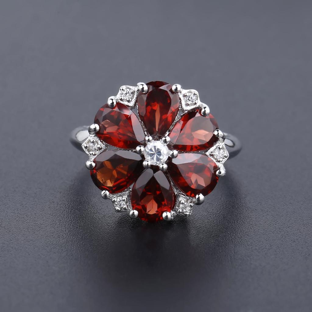 Natural Colored Treasure Red Garnet Ring, Light Luxury Design S925 Sterling Silver Inlaid Colored Gemstone Ring