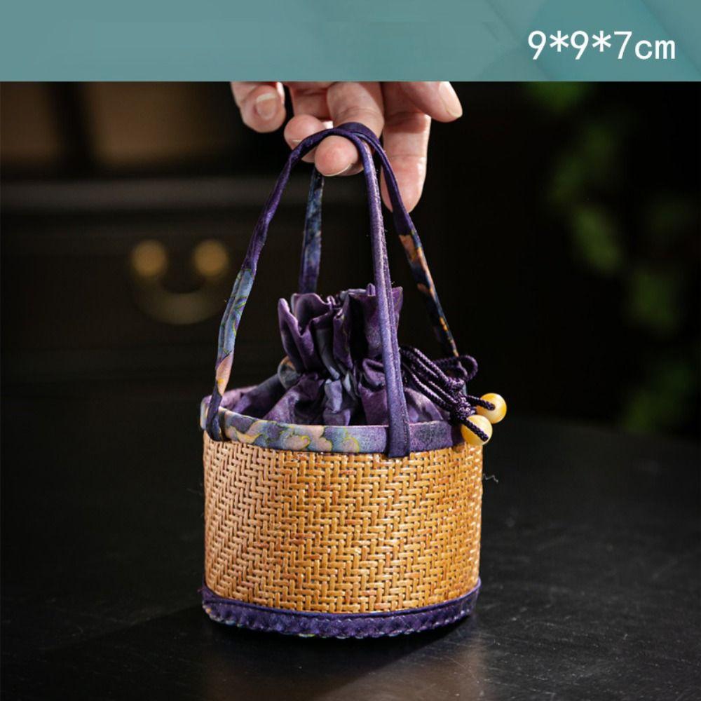 Handmade Spliced Drawstring Pocket with Handle Teapot Bag Rattan Pattern Storage Bag  For Small Cup