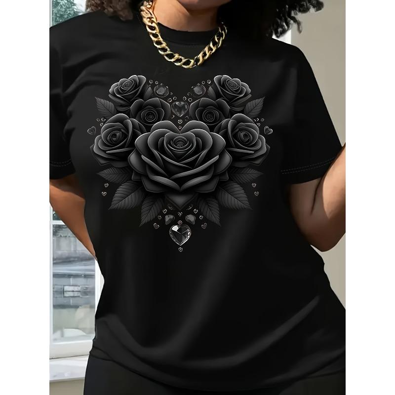 

European sizes Heart Rose Flower Series Pattern Printed T-Shirt, Short Sleeve Round Neck Casual Top Summer Spring, Women s Clothing 4XL чорний