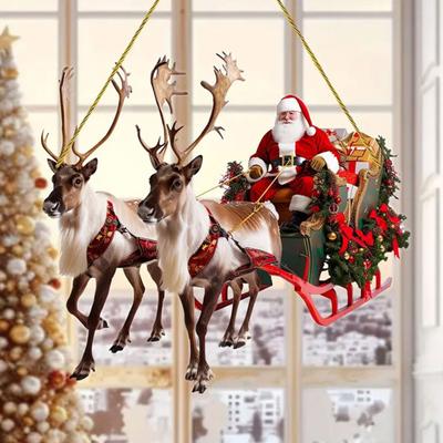 Christmas Ornaments Acrylic Santa In Sleigh Hanging Decoration 2D Flat Xmas Tree Pendant for Christmas Tree Wall Window Car Decor