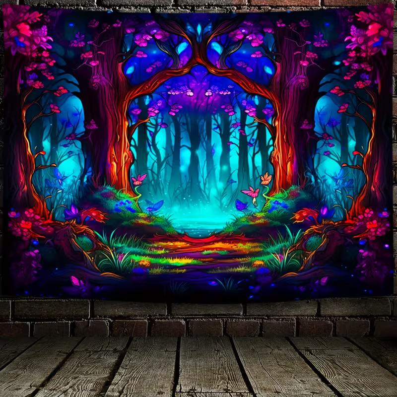 2D Blacklight Forest Tapestry, UV Reactive Neon Fantasy Tree Wall Hanging