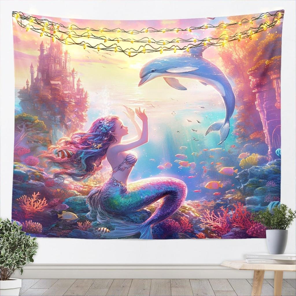 Mermaid Princess Kids Tapestry,Dolphin Tropical Fish Coral Marine Life Wall Tapestries,Girls Women Room Decor,Undersea World
