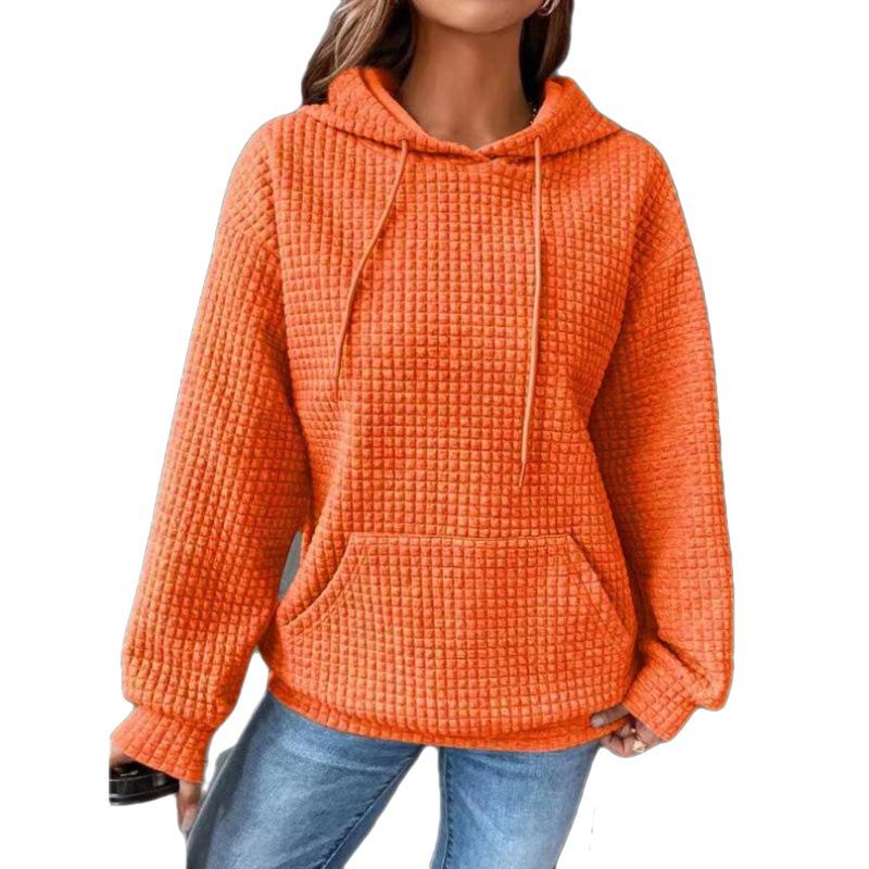 2023 Autumn/Winter Women's Waffle Knit Crew Neck Long Sleeve Solid Color Sweatshirt.