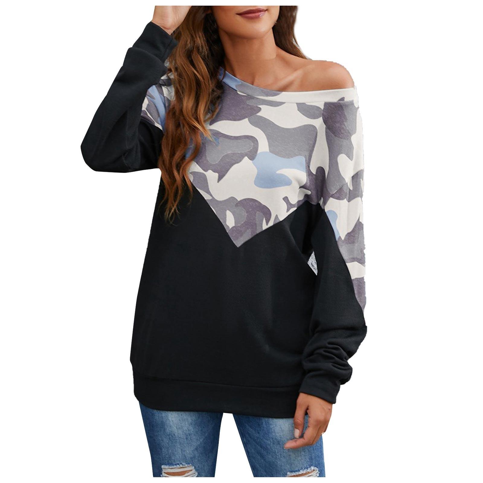 

Женская модная повседневная плюшевая футболка с круглым вырезом и длинным рукавом с камуфляжным принтом S серый