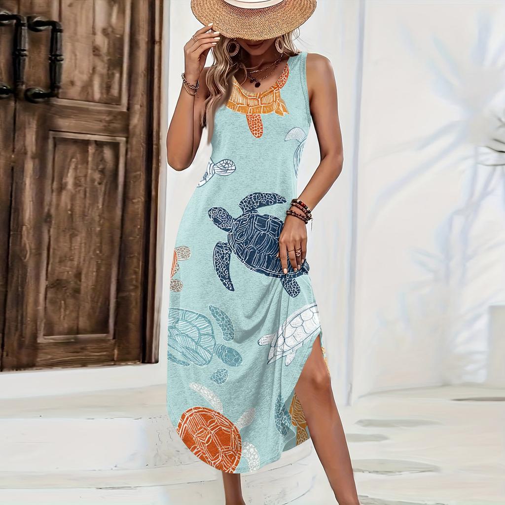 Women Sleeveless Long Dress Casual Loose Fit Hawaiian Print Maxi Dress Summer Beachwear Side Slit Sleeveless Sundress