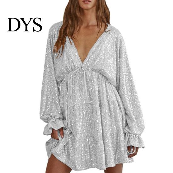 Lightweight Dress Lady Club Party Deep V Neck Shimmering Sequin Loose Solid Slimming V-neck Color Long Sleeve Bow Lace-up Strap Look Mini