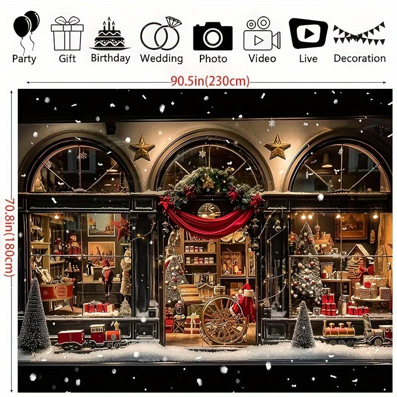 Antique Christmas shop window background - Medieval dessert shop design with gifts and Christmas trees - universal polyester