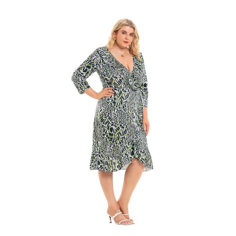 Elegant and Stylish V-neck Big Size Dress with Irregular Lotus Leaf Edge