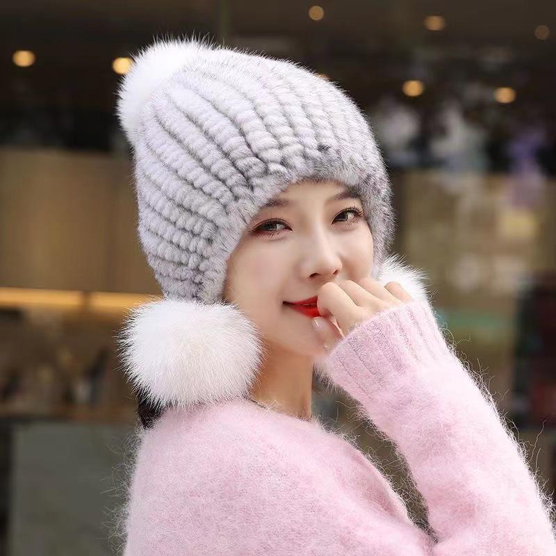 Yutong Women's Winter Mink Hat with Fox Pom and Ear Protection