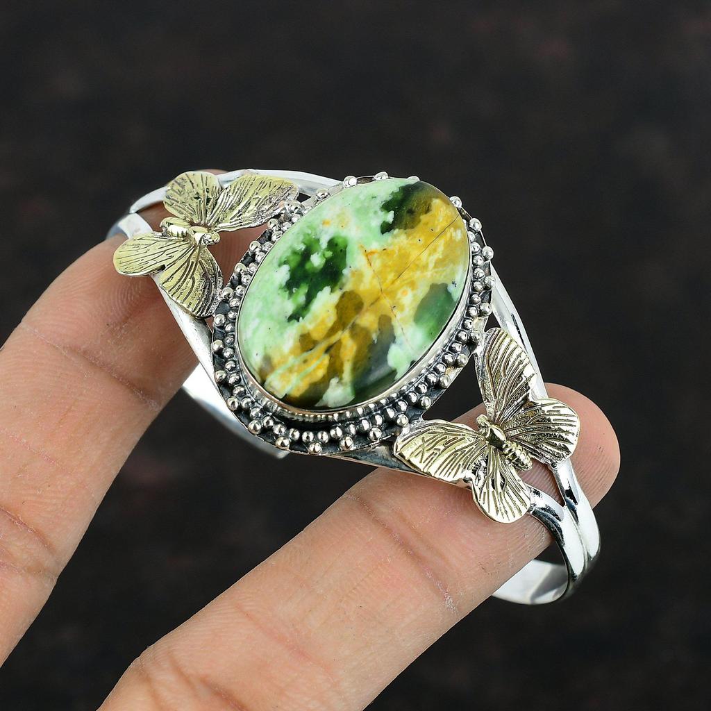 Australian Chrome Chalcedony Bangle Real Gemstone Cuff Bracelet 925 Sterling Silver Bangle 18K Gold Plated Butterfly Cuff Adjustable Bangle