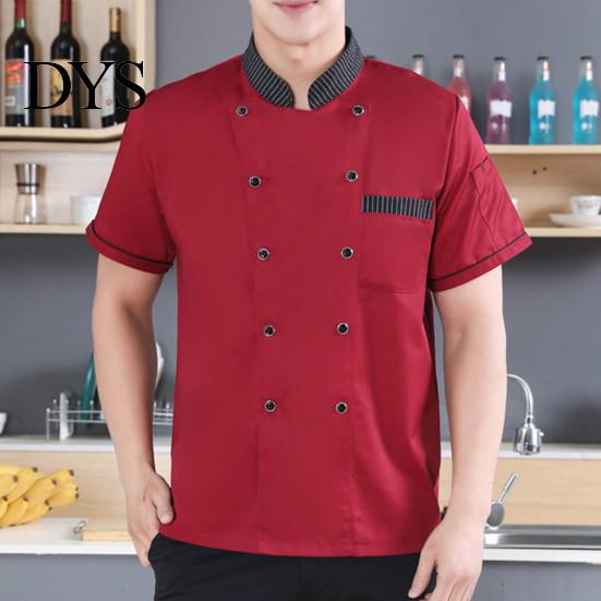 Waiter Garment Stand Collar Short Sleeve Double Breasted Patch Pocket Splicing Color Chef Top Uniform Women Men Service Bakery Breathable Shirt
